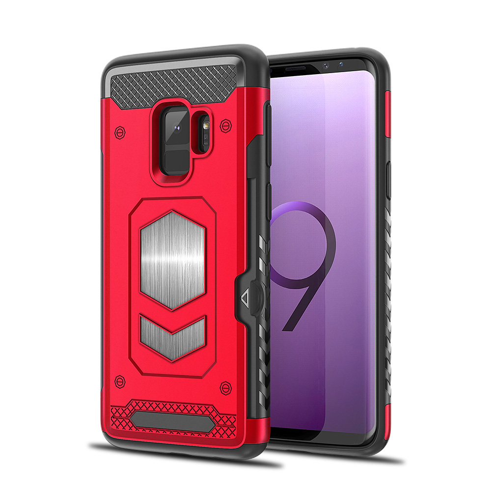 Galaxy S9+ (Plus) Metallic Plate Case Work with Magnetic Holder and Card Slot (Red)